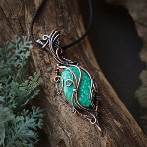 Wisiorek miedziany naszyjnik z amazonitem wire wrapping