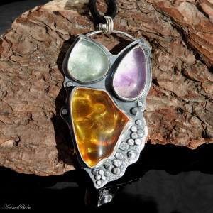 Wisiorek srebrny z bursztynem bałtyckim ametystem i fluorytem