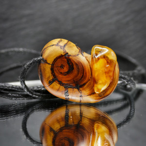 Wisiorek z bursztynem „Bursztynowy ślimak” -pirografia, amber jewelry