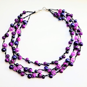 Wrzosowy-  Naszyjnik ze sznurka i szkła