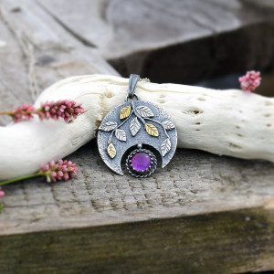 Wyjątkowa Lunula z Listkami i Ametystem