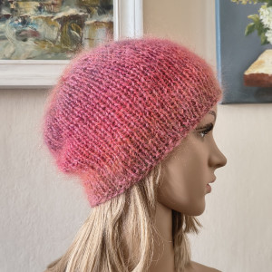 Z koralem - ciepła, puchata, szlachetna czapka z jedwabiem i moherem