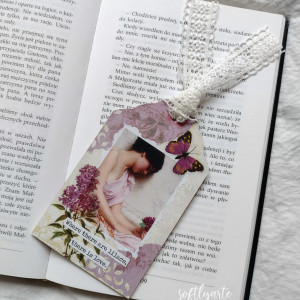 zakładka do książki, bzy, sztuka, motyle, light academia, fioletowa