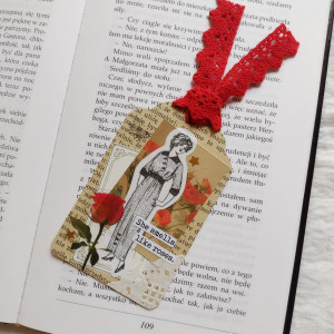 zakładka do książki, czerwona, vintage, retro, róże, kobieta, kwiaty
