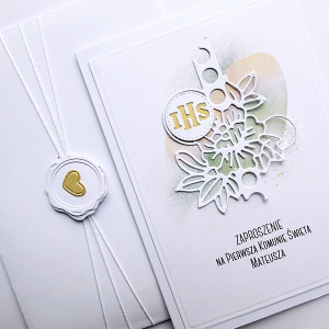 Zaproszenie komunijne kremowo-zielone Hostia