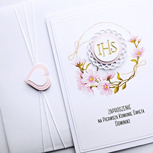 Zaproszenie komunijne różowe Hostia handmade
