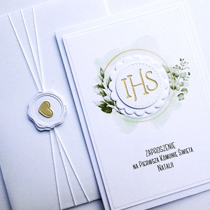 Zaproszenie komunijne w zieleni z Hostią