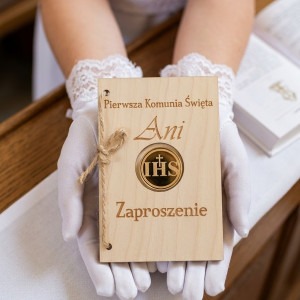 Zaproszenie na Pierwszą Komunię Świętą drewniane