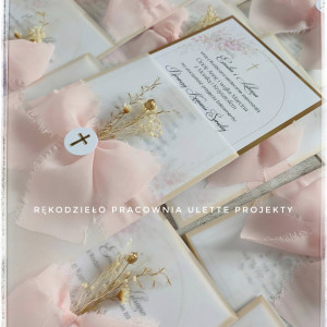 Zaproszenie w kalce rwana wstążka na chrzest komunię