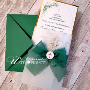 Zaproszenie w kalce szyfonowa wstążka na komunię