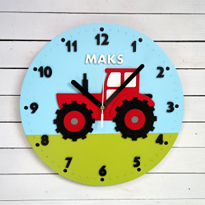 Zegar dla chłopca z czerwonym traktorem i imieniem