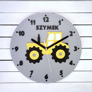 Zegar na ścianę szary z traktorem dla chłopca