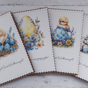 Zestaw 4 kartek wielkanocnych z życzeniami „Niebiesko -żółty”