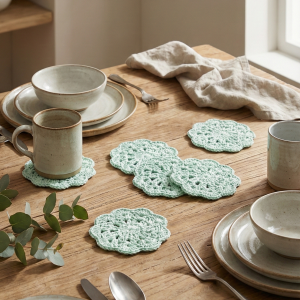 Zestaw 6 Szydełkowych Podkładek pod Kubki / 100% Bawełna - Mięta