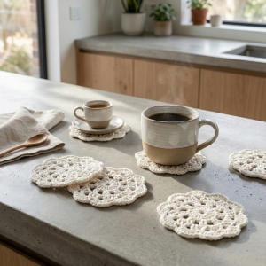 Zestaw 6 Szydełkowych Podkładek pod Kubki - 100% Bawełna - Styl Boho