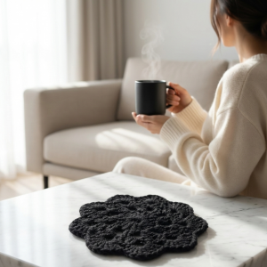 Zestaw 6 Szydełkowych Podkładek pod Kubki -Styl Boho - czarne