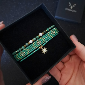 Zestaw bransoletek „Emerald Frost” - Awenturyn, Kwarc, Agat Mszysty