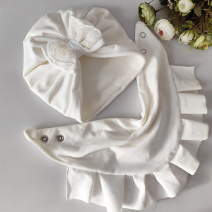 Zestaw czapka kokarda  koronka chusta zima ecru chrzest