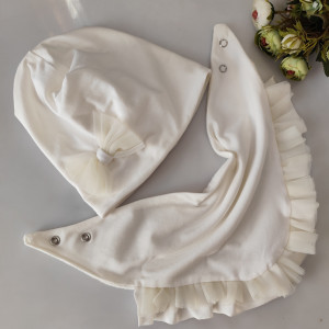 Zestaw czapka kokarda tiul chusta falbanka tiul zima krem chrzest