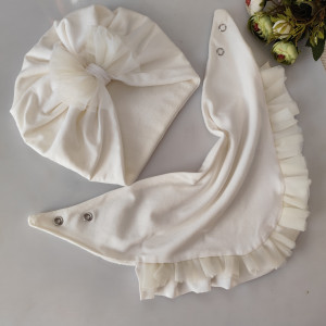 Zestaw czapka kokarda  tiul chusta tiul zima ecru chrzest