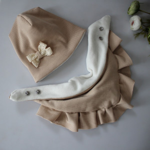 Zestaw czapka kokardka chusta falbanka prążek beż zima