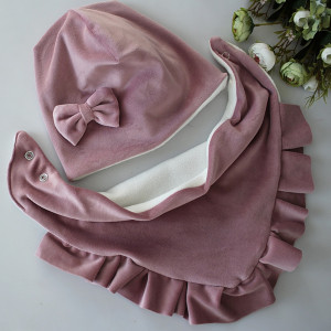 Zestaw czapka kokardka chusta falbanka welur chłodny brudny róż zima