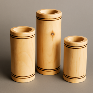 Zestaw trzech świeczników drewnianych – naturalna prostota i ciepło.