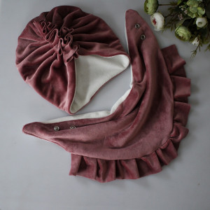 Zestaw turban i chusta falbanka welur ciemny brudny róż zima