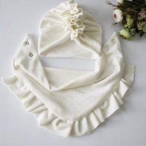 Zestaw turban i chusta falbanka welur ecru chrzest w/j