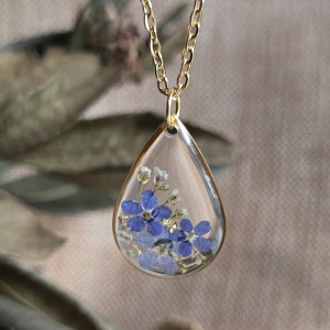 Złota łezka kwiaty niezapominajka wisiorek