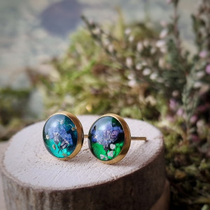 Złote kolczyki  z niezapominajką i dziką marchewką