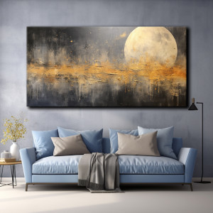 Złoto-czarny księżyc abstrakcja - Obraz na płótnie #MAT7