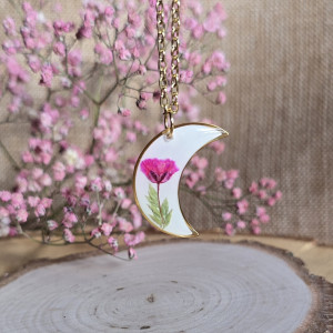 Złoty wisiorek księżyc kwiatowy malinowy