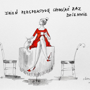 "Zmień perspektywę" praca akwarelami oraz piórkiem artystki A. Laube