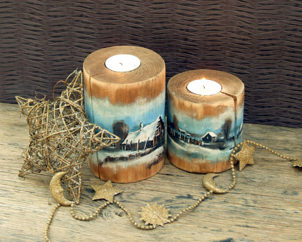 2 drewniane świeczniki z malowanym pejzażem_photo1