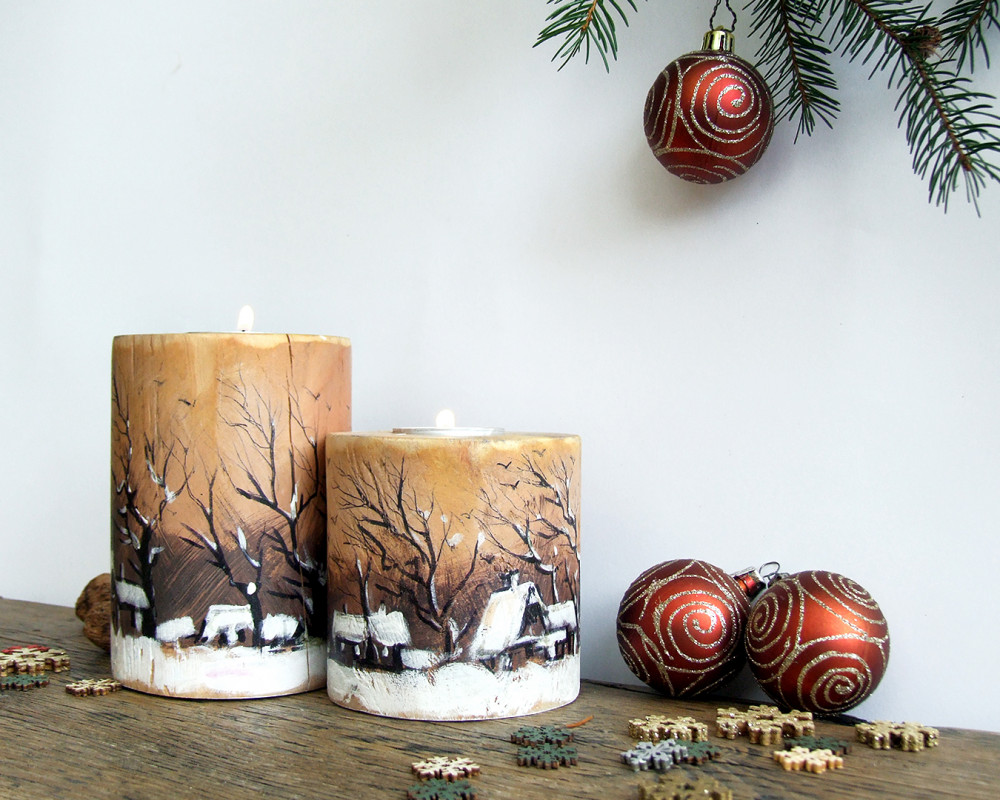 2 drewniane świeczniki z zimowym pejzażem_photo1