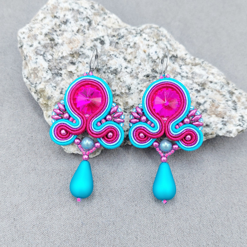„Alia” wiosenne różowo turkusowe kolczyki sutasz z kryształkami_photo1