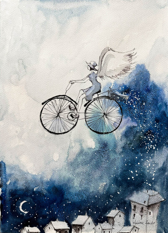 "Anioł zimowy" akwarela - anioł na rowerze_photo1