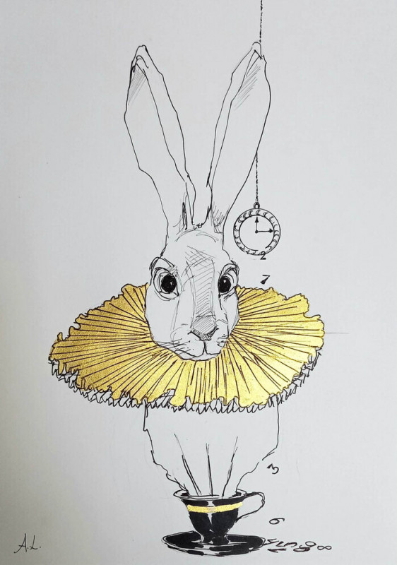 "Biały królik 2" obraz piórkiem i złotym tuszem_photo1