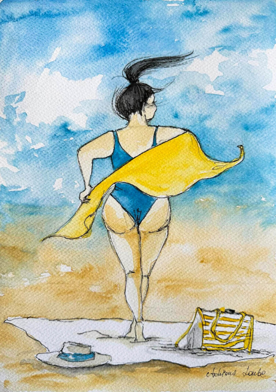 "Body positive 2" akwarela - kobieta, plaża, morze_photo1