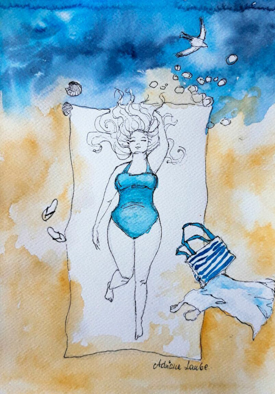 "Body positive" akwarela - kobieta, plaża, morze_photo1