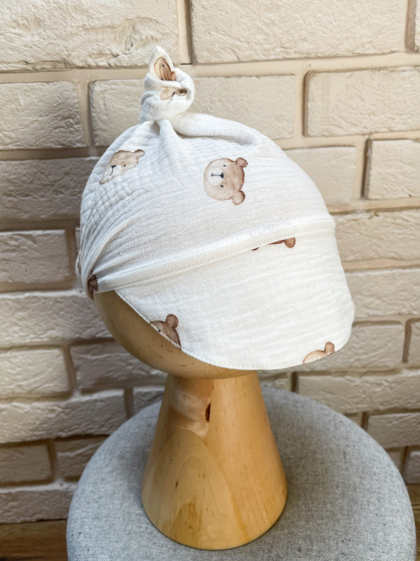 chustka na głowę muślinowa z daszkiem czapka misie_photo1