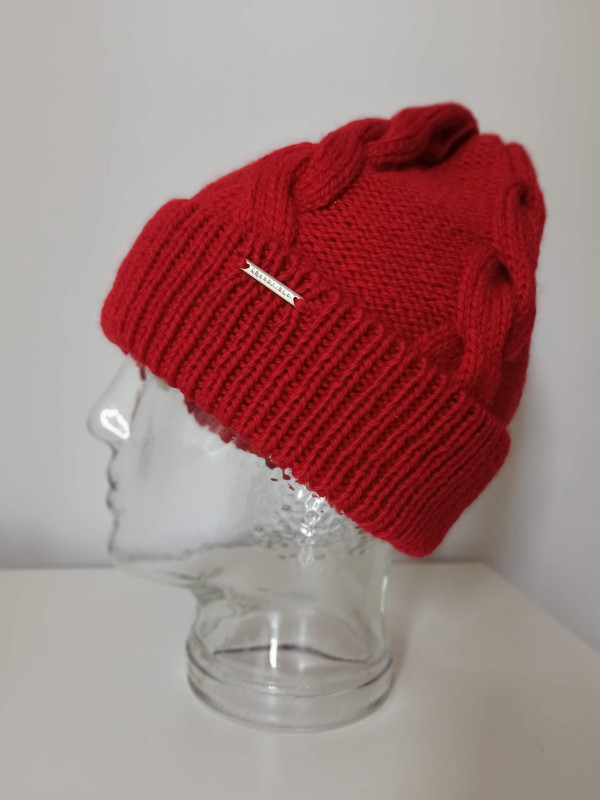 Ciepła czapka z warkoczami - wełna, czerwona_photo1