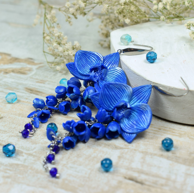 Długie, niebieskie kolczyki orchidee_photo1