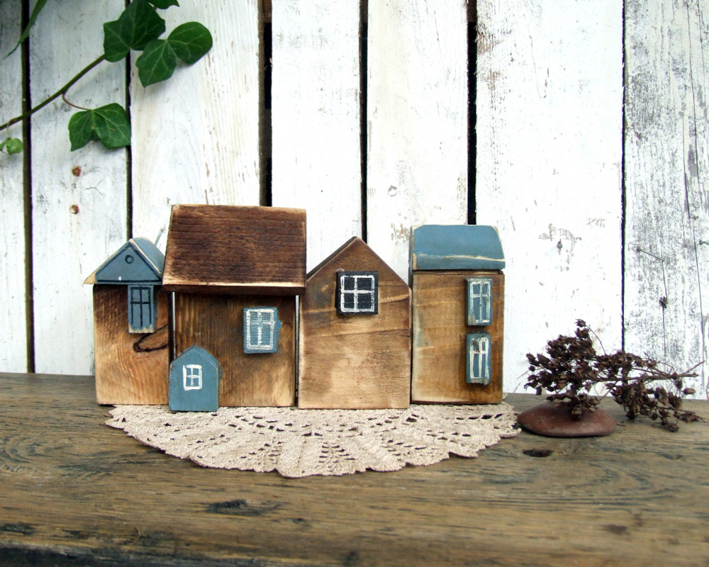 Drewniane domki dekoracyjne, brązowo-niebieskie_photo1