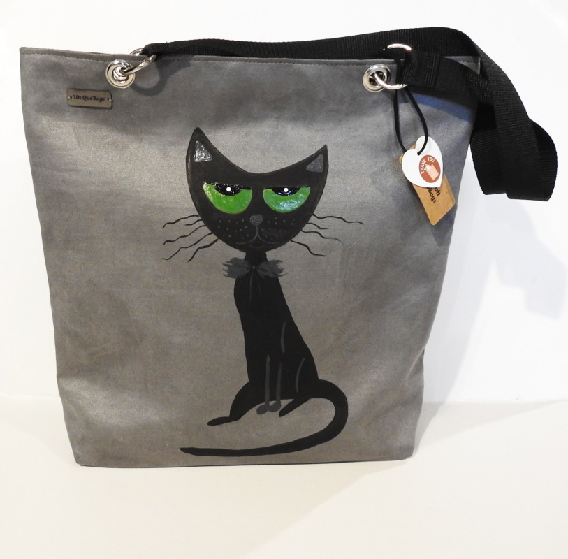 Duża szara torba na ramię ręcznie malowana z kotem prezent_photo1