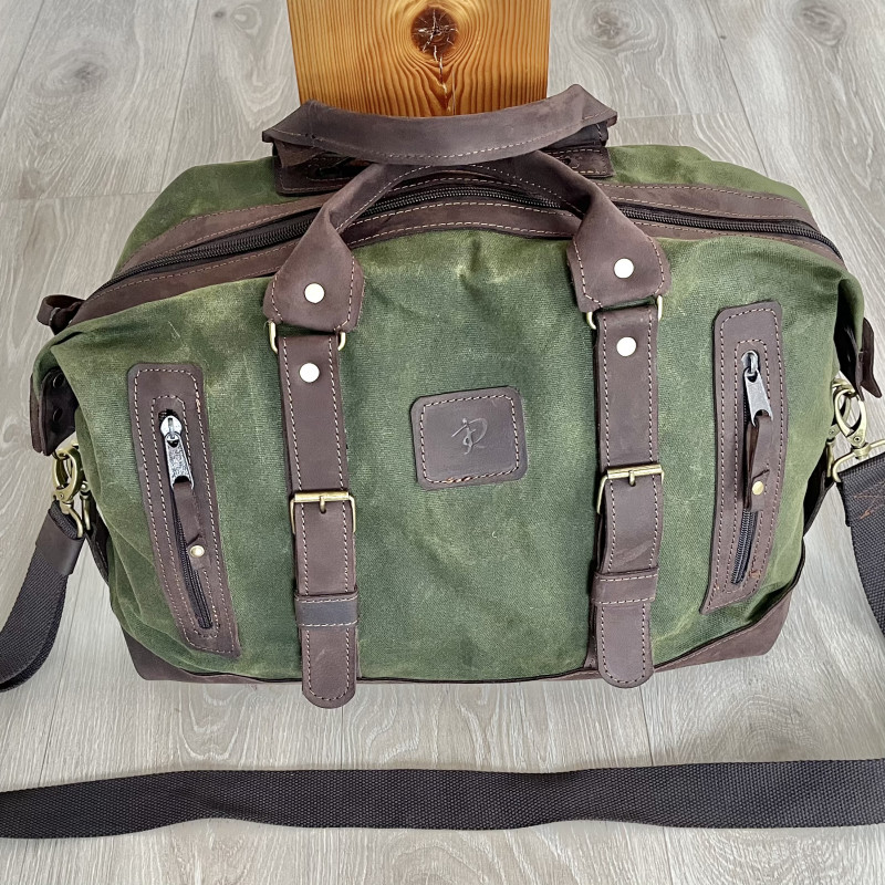 Duża torba podróżna ze skóry i bawełny zielono-brązowa._photo1