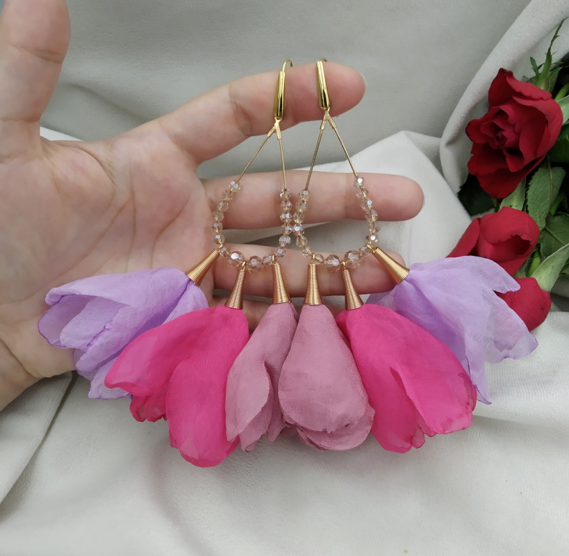 Duże kolczyki tiul kwiaty fioletowe różowe lawenda_photo1