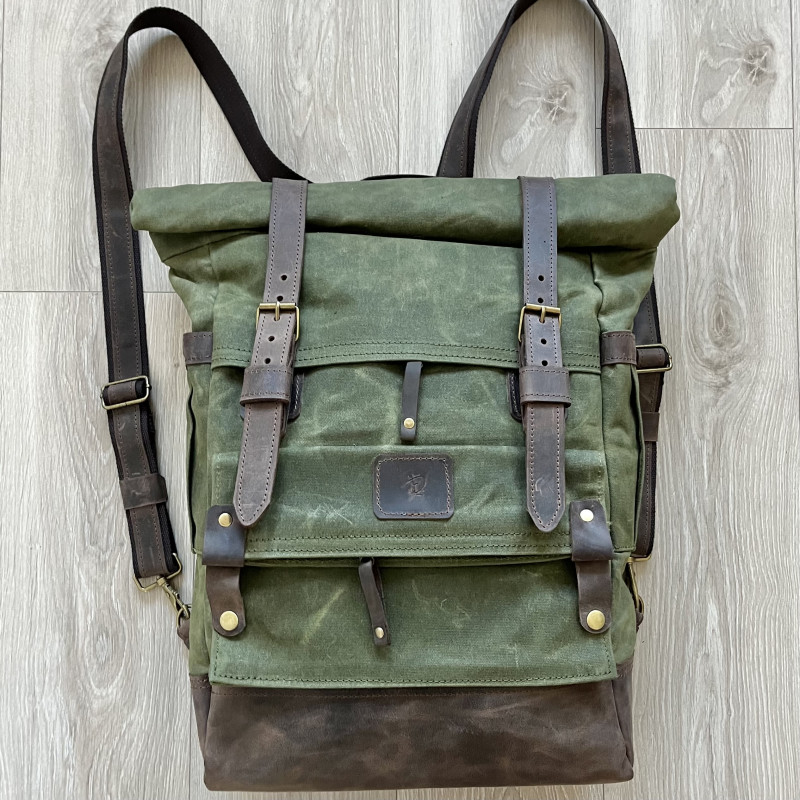 Duży męski plecak ze skóry i bawełny brązowo zielony. Vintage._photo1