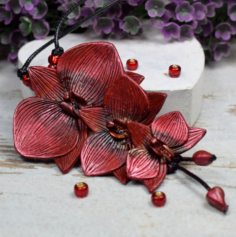 Duży wisior z kwiatami orchidei - bordowy_photo1
